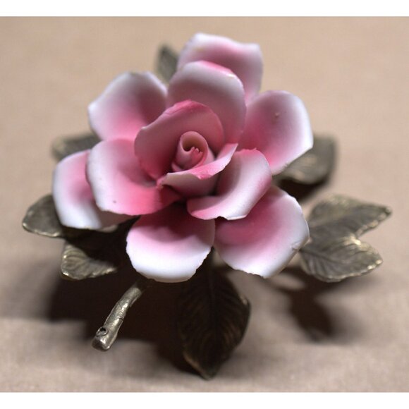 Vintage Capodimonte Porcelain Pink Rose Flower Sculpture Italy - Picture 3 of 11